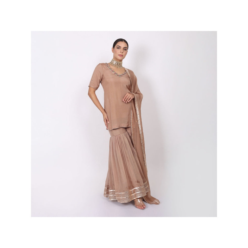 NAMAH BY PARUL MONGIA Beige Silk Embroidered Kurta with Sharara and Dupatta (Set of 3)