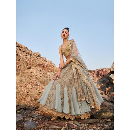 Nandita Thirani Sahara Gold Crochet Stitched Blouse Lehenga Choli with Dupatta (Set of 3)