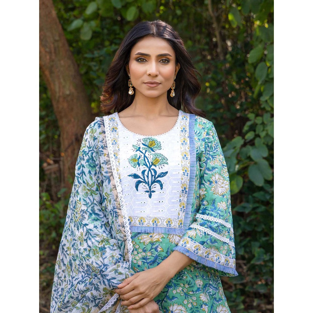 Naseebo Mystic Green Hand Blocked Cotton Kurta with Pant and Dupatta (Set of 3)