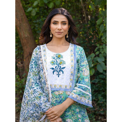 Naseebo Mystic Green Hand Blocked Cotton Kurta with Pant and Dupatta (Set of 3)