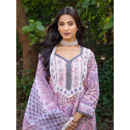 Naseebo Pink Hand Blocked Cotton Kurta with Pant and Dupatta (Set of 3)