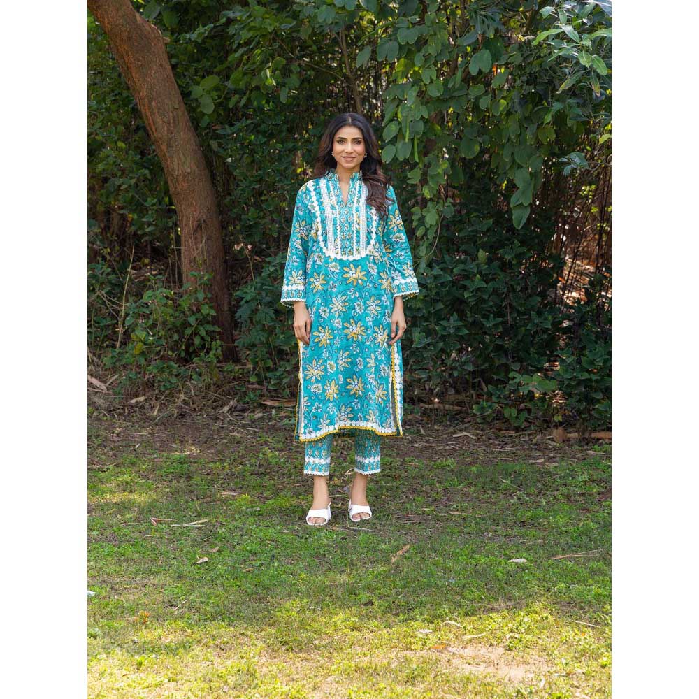 Naseebo Blue Meadow Hand Blocked Cotton Kurta with Pant (Set of 2)