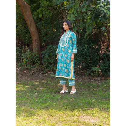 Naseebo Blue Meadow Hand Blocked Cotton Kurta with Pant (Set of 2)