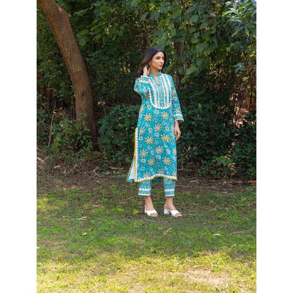 Naseebo Blue Meadow Hand Blocked Cotton Kurta with Pant (Set of 2)