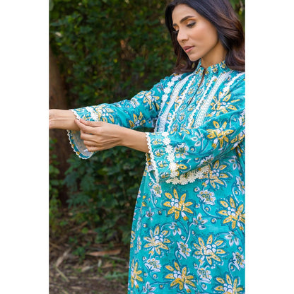 Naseebo Blue Meadow Hand Blocked Cotton Kurta with Pant (Set of 2)