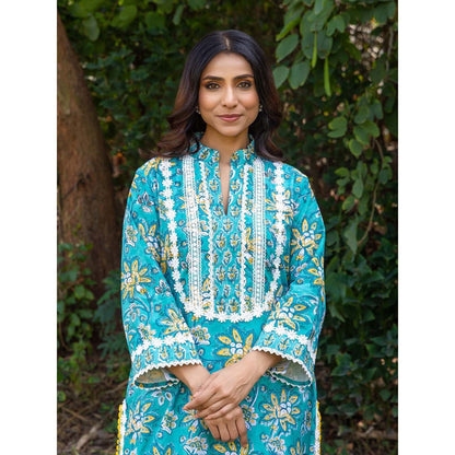 Naseebo Blue Meadow Hand Blocked Cotton Kurta with Pant (Set of 2)