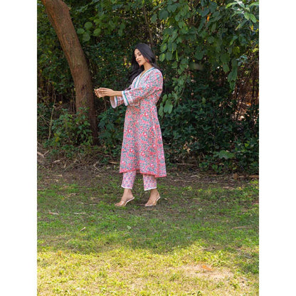 Naseebo Pink Floral Charm Hand Blocked Cotton Kurta with Pant (Set of 2)