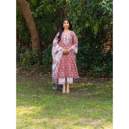 Naseebo Pink Rose Grace Hand Blocked Cotton Kurta with Pant and Dupatta (Set of 3)