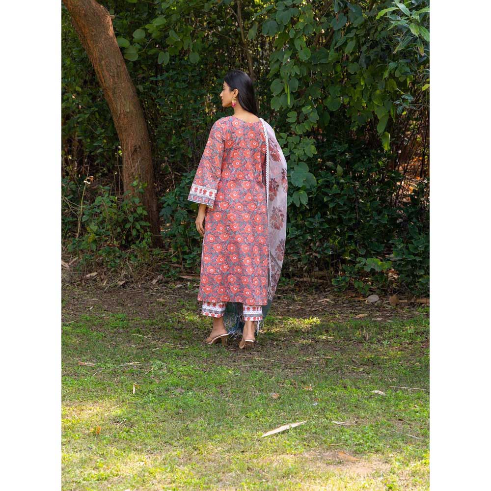 Naseebo Pink Rose Grace Hand Blocked Cotton Kurta with Pant and Dupatta (Set of 3)