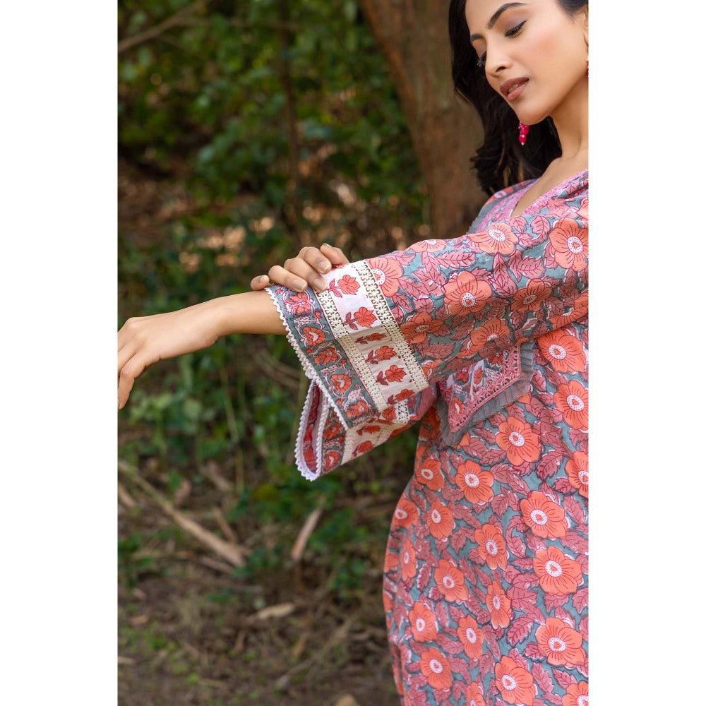 Naseebo Pink Rose Grace Hand Blocked Cotton Kurta with Pant and Dupatta (Set of 3)