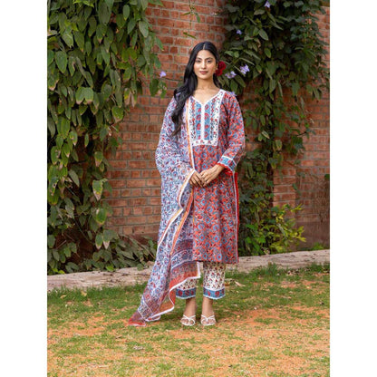 Naseebo Red Sapphire Bloom Hand Blocked Cotton Kurta with Pant and Dupatta (Set of 3)