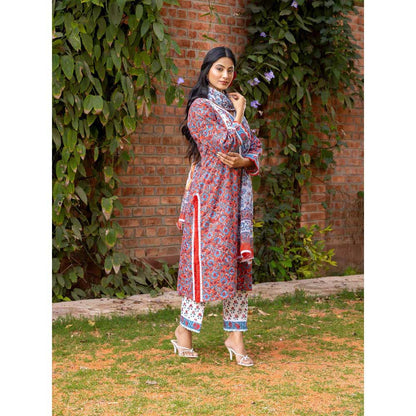 Naseebo Red Sapphire Bloom Hand Blocked Cotton Kurta with Pant and Dupatta (Set of 3)