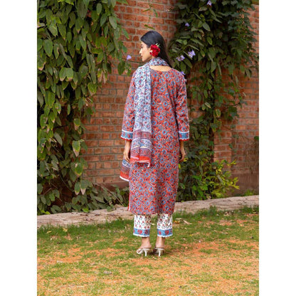 Naseebo Red Sapphire Bloom Hand Blocked Cotton Kurta with Pant and Dupatta (Set of 3)