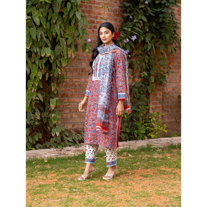 Naseebo Red Sapphire Bloom Hand Blocked Cotton Kurta with Pant and Dupatta (Set of 3)