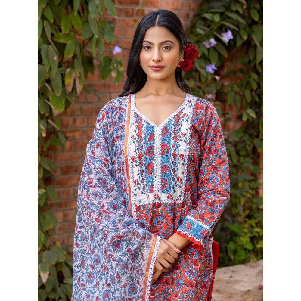 Naseebo Red Sapphire Bloom Hand Blocked Cotton Kurta with Pant and Dupatta (Set of 3)