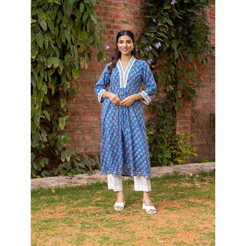 Naseebo Blue Navy Serenity Hand Blocked Cotton Kurta with Pant (Set of 2)