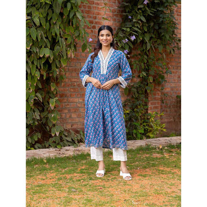Naseebo Blue Navy Serenity Hand Blocked Cotton Kurta with Pant (Set of 2)
