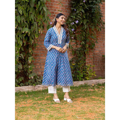 Naseebo Blue Navy Serenity Hand Blocked Cotton Kurta with Pant (Set of 2)