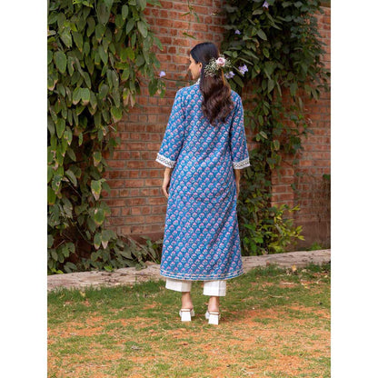 Naseebo Blue Navy Serenity Hand Blocked Cotton Kurta with Pant (Set of 2)