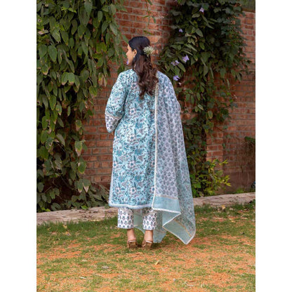Naseebo Blue Mist Hand Blocked Cotton Kurta with Pant and Dupatta (Set of 3)