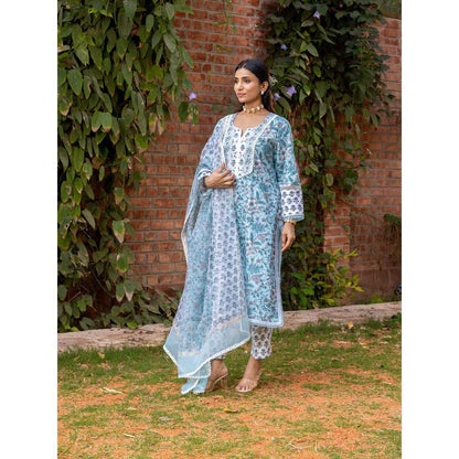 Naseebo Blue Mist Hand Blocked Cotton Kurta with Pant and Dupatta (Set of 3)
