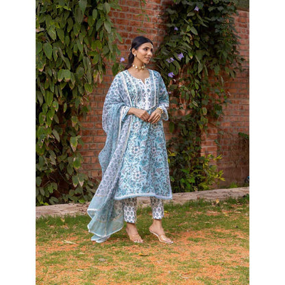 Naseebo Blue Mist Hand Blocked Cotton Kurta with Pant and Dupatta (Set of 3)
