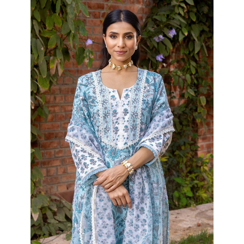 Naseebo Blue Mist Hand Blocked Cotton Kurta with Pant and Dupatta (Set of 3)