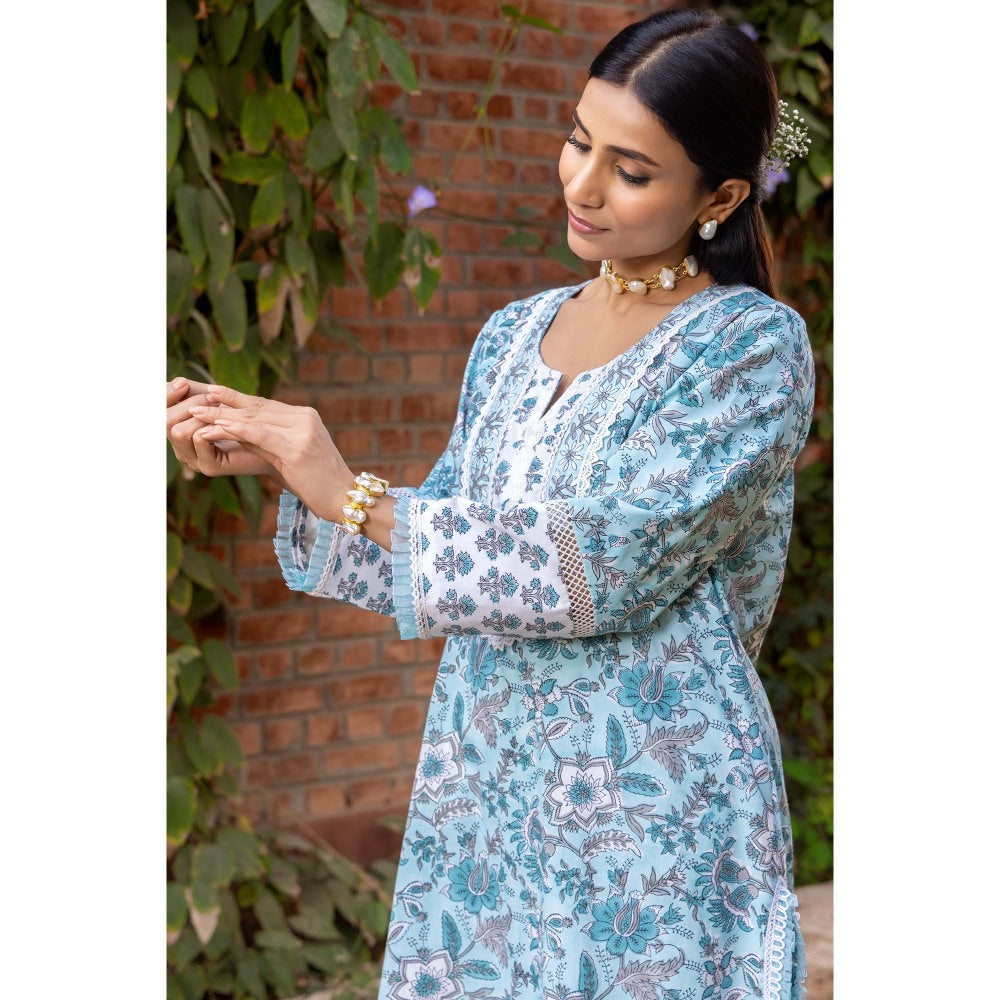 Naseebo Blue Mist Hand Blocked Cotton Kurta with Pant and Dupatta (Set of 3)