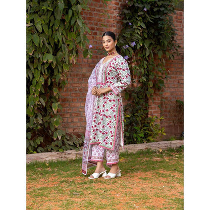 Naseebo White Blooming Grace Hand Blocked Cotton Kurta with Pant and Dupatta (Set of 3)