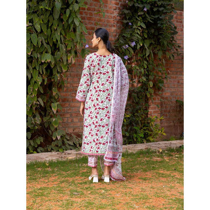 Naseebo White Blooming Grace Hand Blocked Cotton Kurta with Pant and Dupatta (Set of 3)