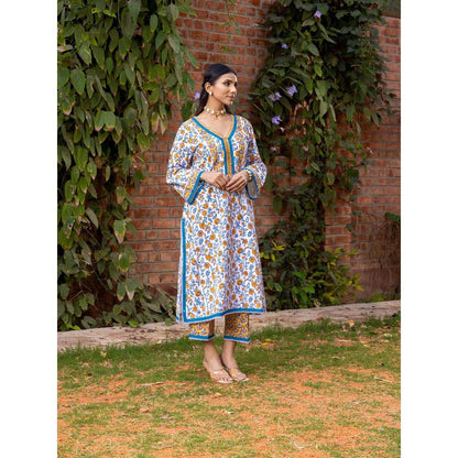 Naseebo White Sunshine Symphony Hand Blocked Cotton Kurta with Pant (Set of 2)