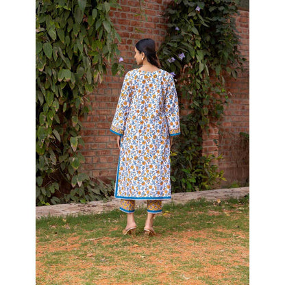Naseebo White Sunshine Symphony Hand Blocked Cotton Kurta with Pant (Set of 2)