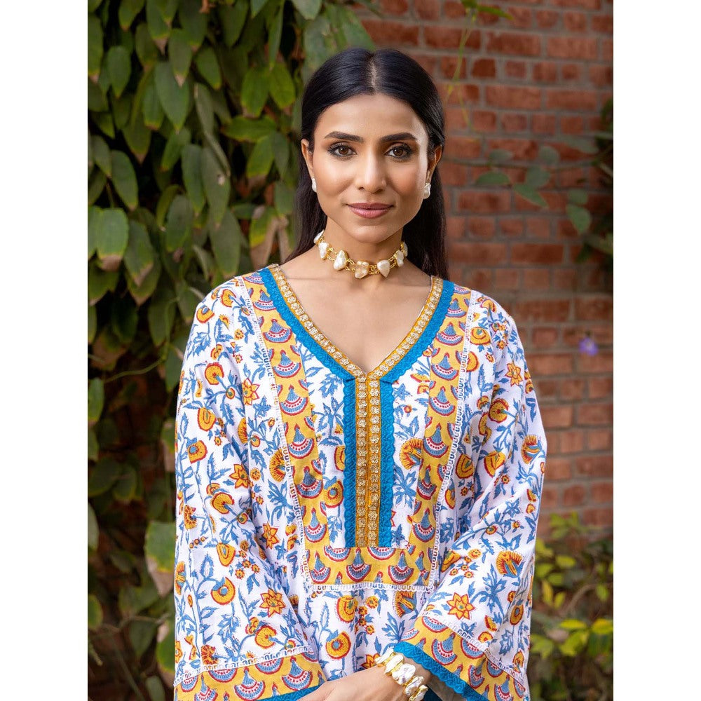 Naseebo White Sunshine Symphony Hand Blocked Cotton Kurta with Pant (Set of 2)