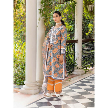 Naseebo Smoky Grey Hand Blocked Cotton Kurta with Pant and Dupatta (Set of 3)