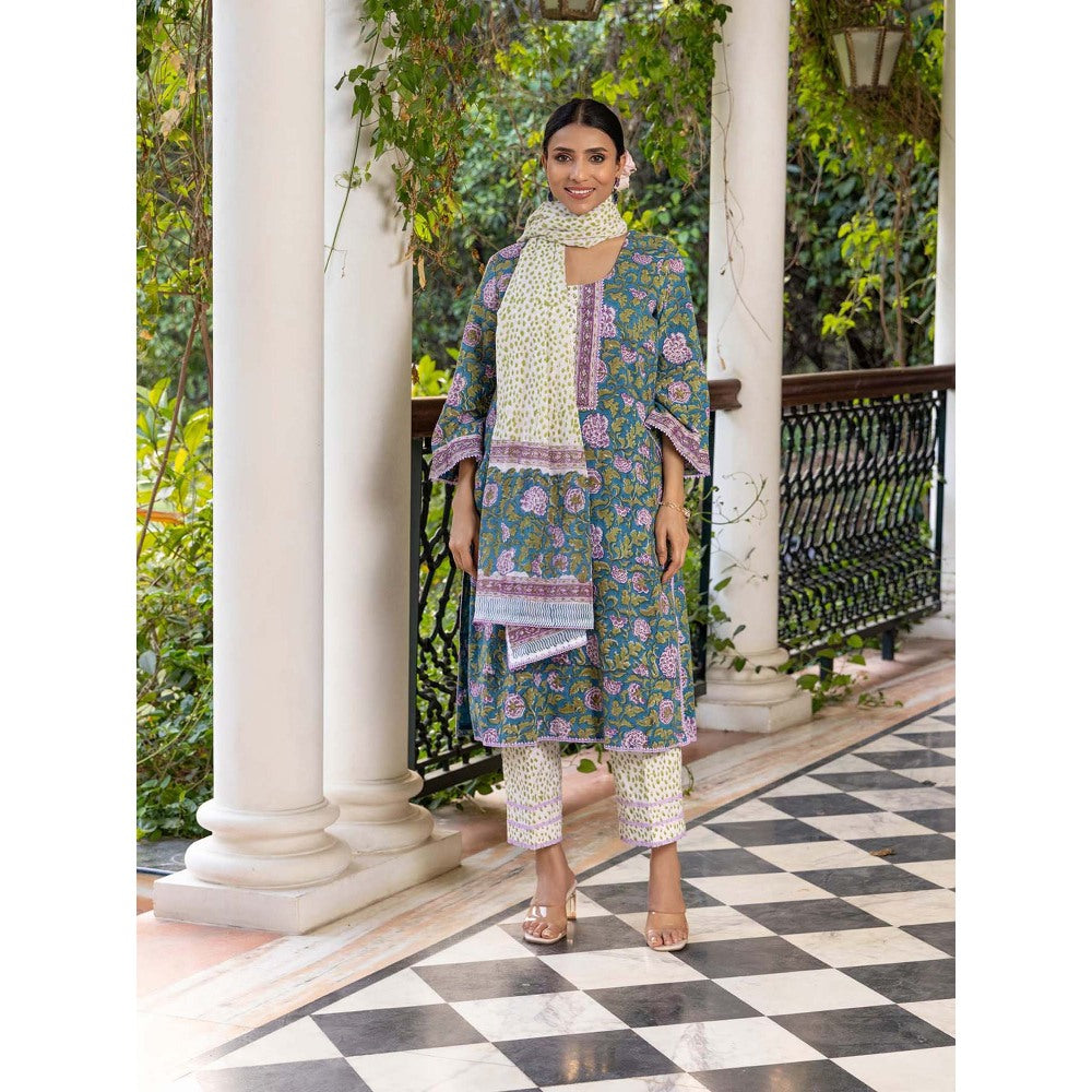 Naseebo Green Peacock Elegance Hand Blocked Cotton Kurta with Pant and Dupatta (Set of 3)