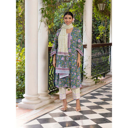 Naseebo Green Peacock Elegance Hand Blocked Cotton Kurta with Pant and Dupatta (Set of 3)
