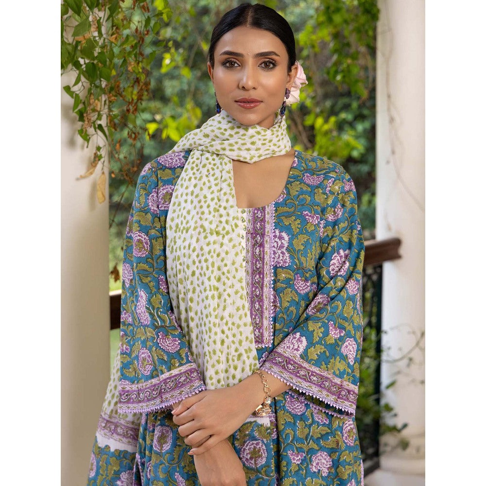 Naseebo Green Peacock Elegance Hand Blocked Cotton Kurta with Pant and Dupatta (Set of 3)