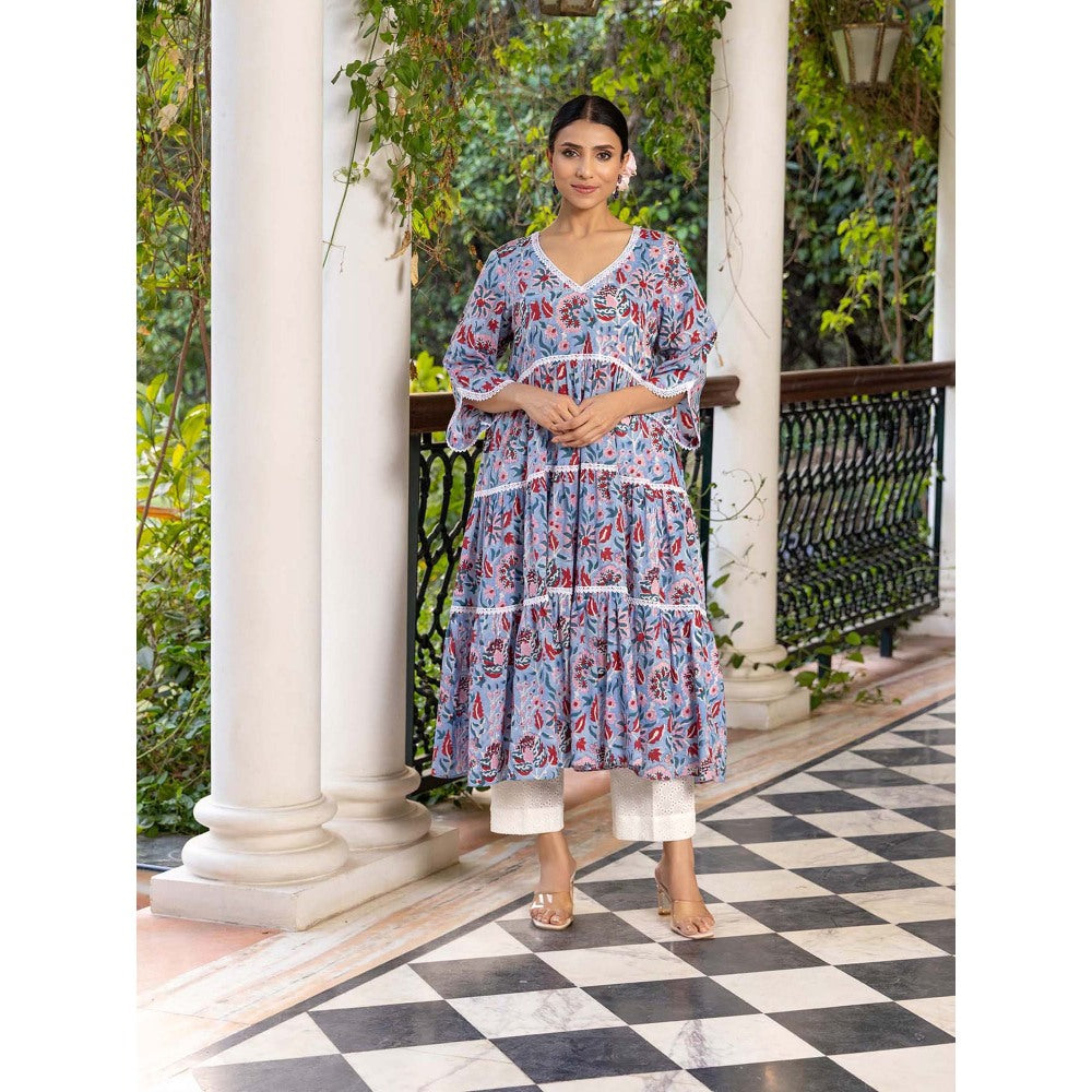 Naseebo Blue Petal Hand Blocked Cotton Kurta with Pant (Set of 2)