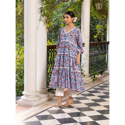 Naseebo Blue Petal Hand Blocked Cotton Kurta with Pant (Set of 2)