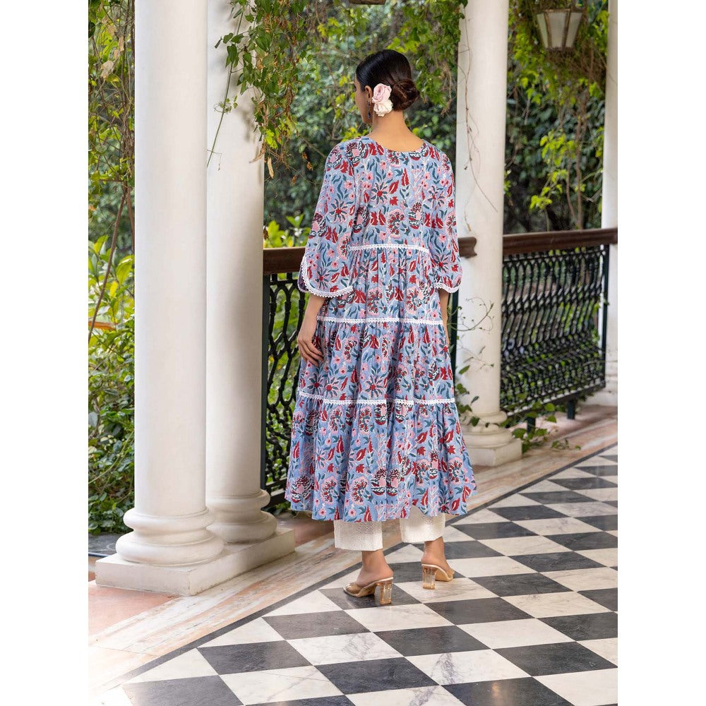 Naseebo Blue Petal Hand Blocked Cotton Kurta with Pant (Set of 2)