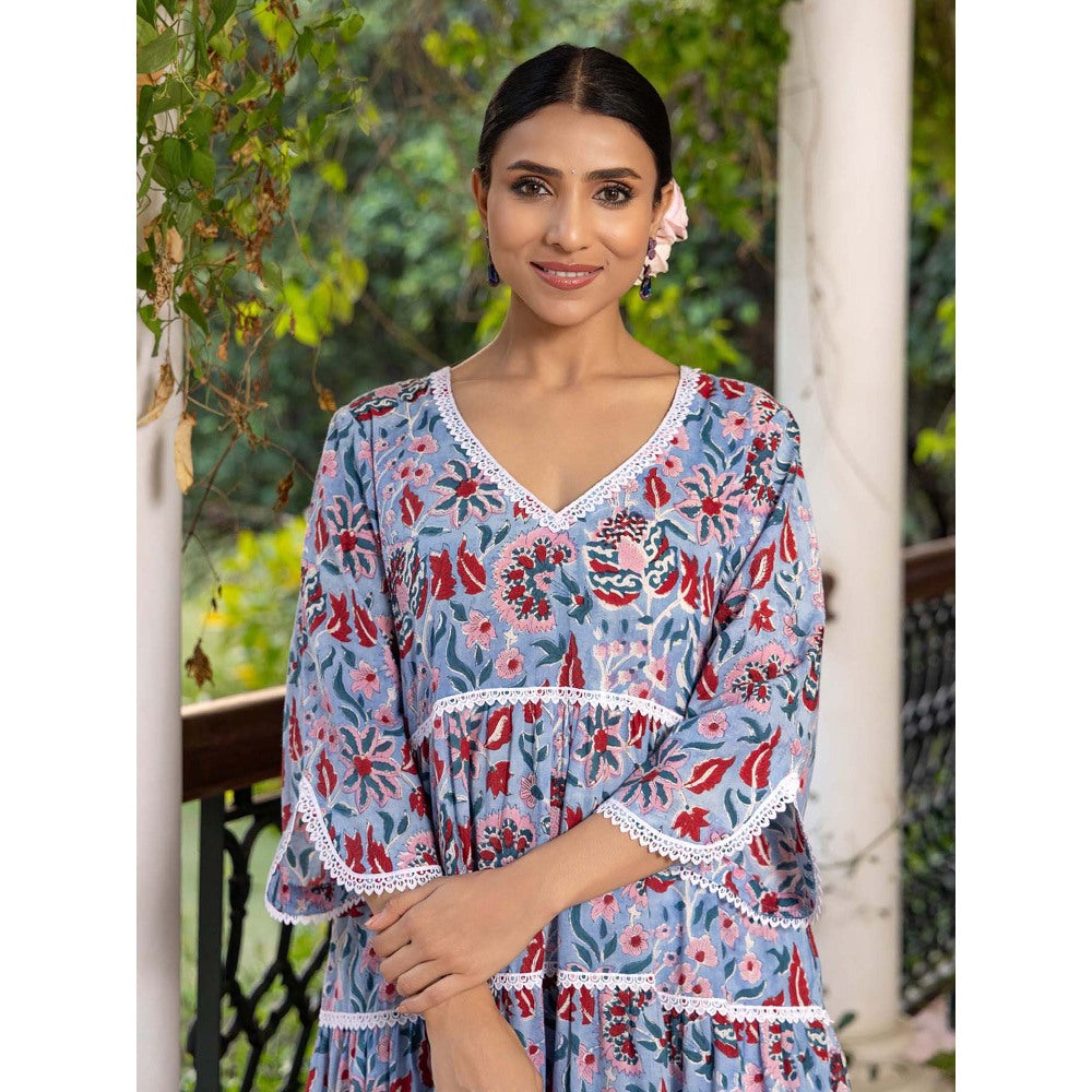 Naseebo Blue Petal Hand Blocked Cotton Kurta with Pant (Set of 2)