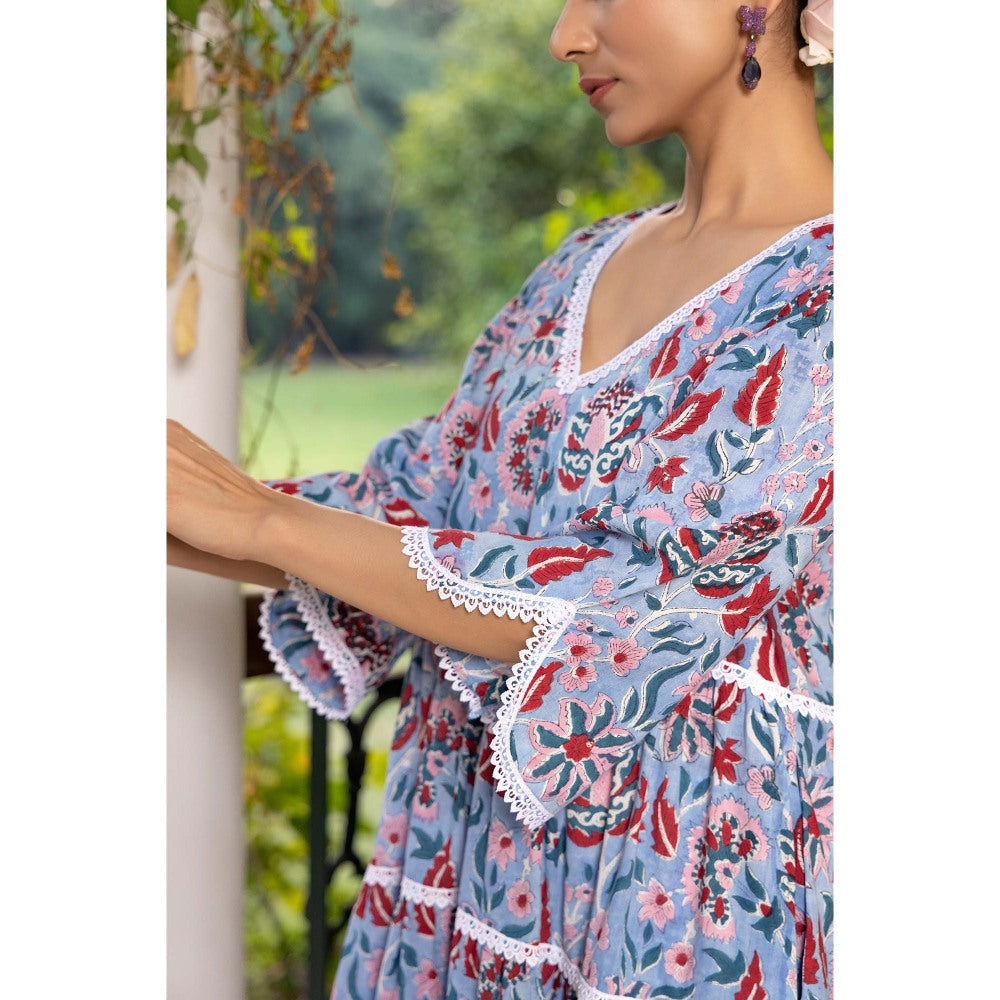 Naseebo Blue Petal Hand Blocked Cotton Kurta with Pant (Set of 2)