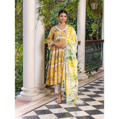 Naseebo Yellow Orchid Hand Blocked Cotton Kurta with Pant and Dupatta (Set of 3)