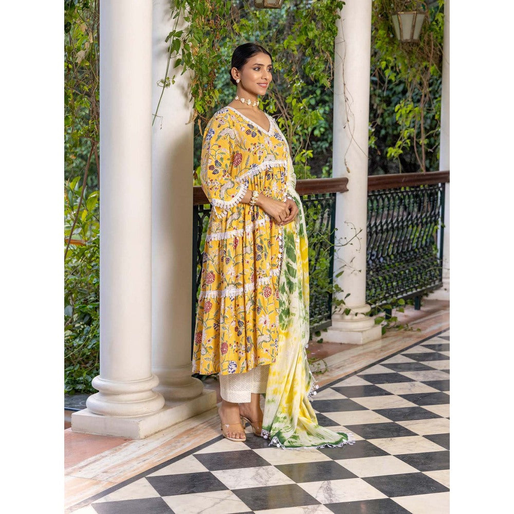 Naseebo Yellow Orchid Hand Blocked Cotton Kurta with Pant and Dupatta (Set of 3)