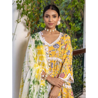 Naseebo Yellow Orchid Hand Blocked Cotton Kurta with Pant and Dupatta (Set of 3)