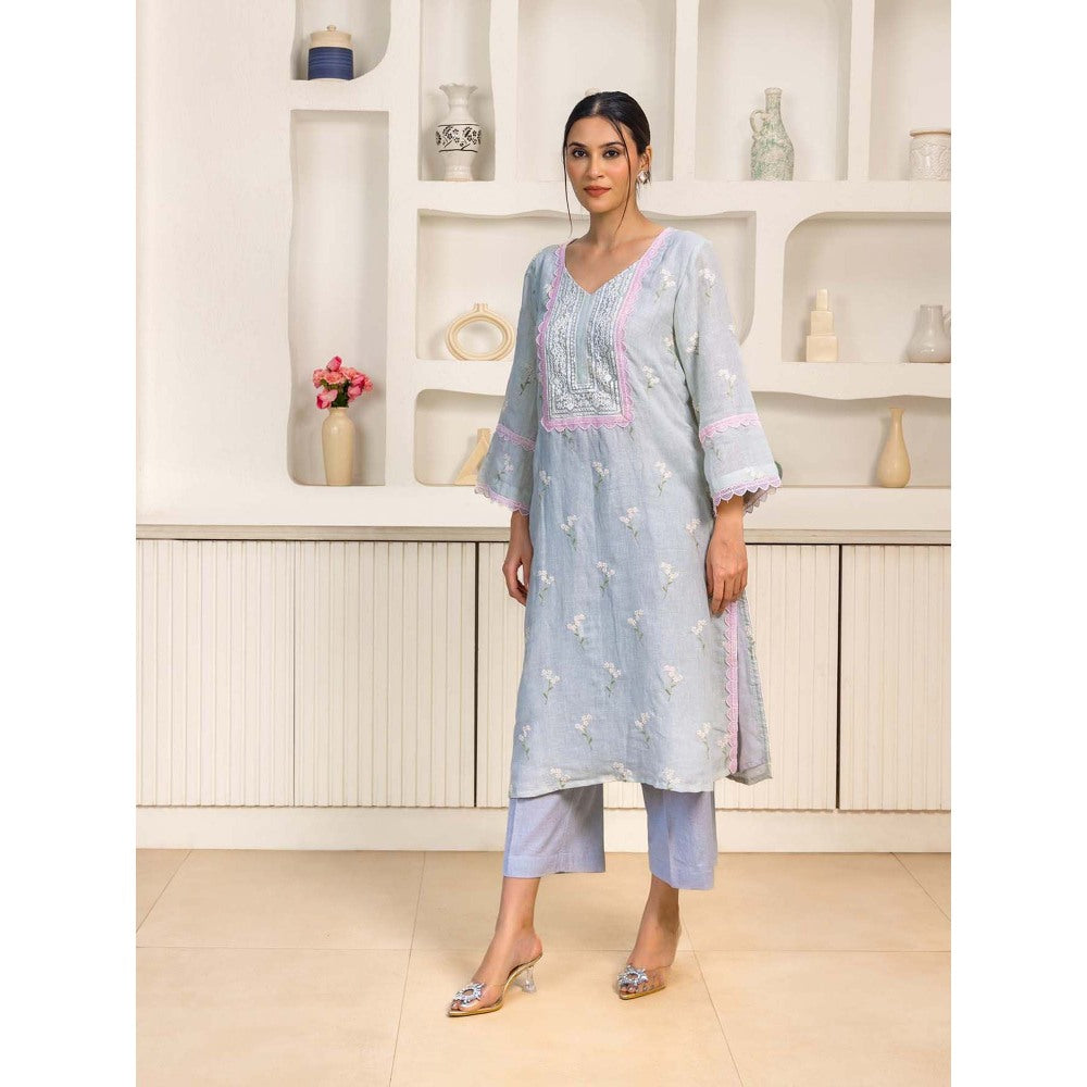 Naseebo Blue Serene Grace Linen Premium Kurta with Pant (Set of 2)