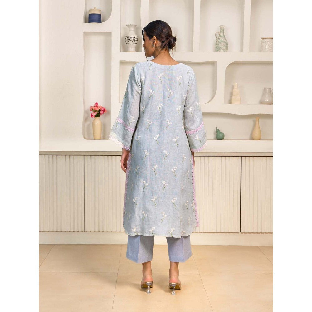 Naseebo Blue Serene Grace Linen Premium Kurta with Pant (Set of 2)