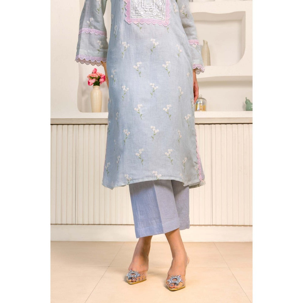 Naseebo Blue Serene Grace Linen Premium Kurta with Pant (Set of 2)