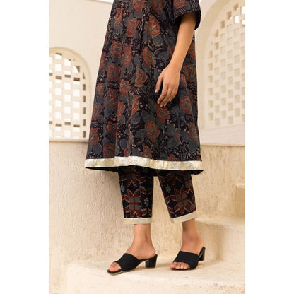 Naseebo Black Rustic Rose Ajrakh Kurta with Pant (Set of 2)