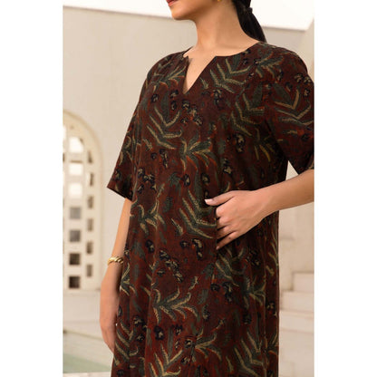 Naseebo Brown Autumn Vines Ajrakh Kurta with Pant (Set of 2)